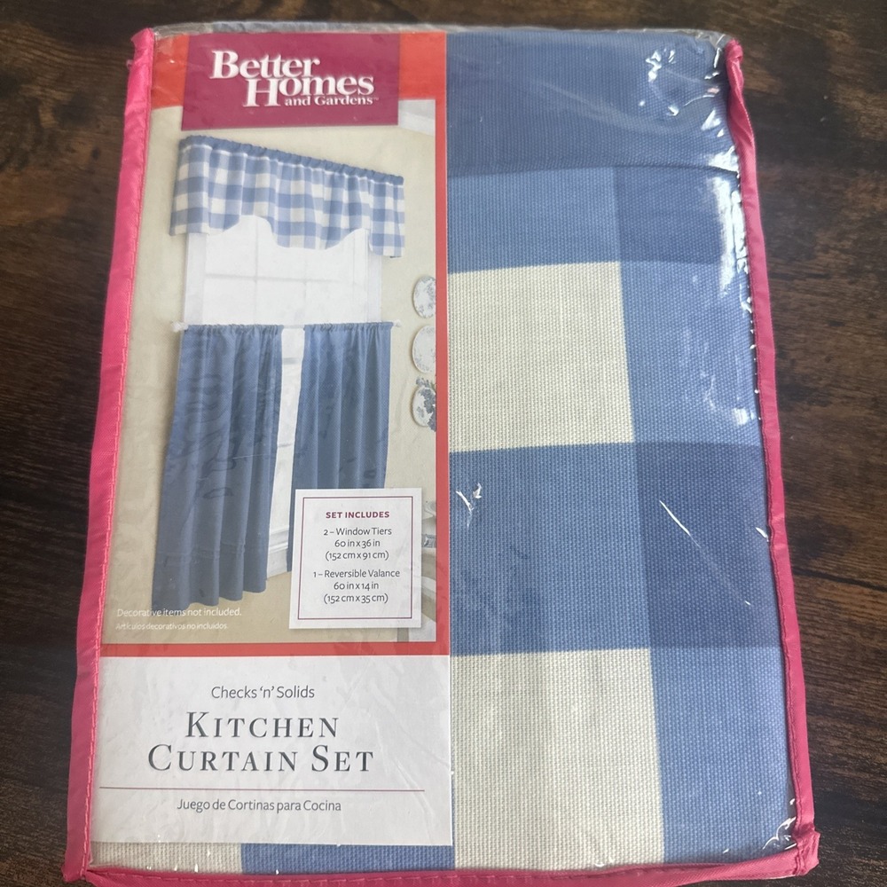 NOS 3 Pc. Better Homes & Gardens Kitchen Curtain Set Checks n Solids Blue Denim
